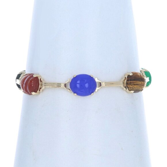 Yellow Gold Carnelian Tiger's Eye Vintage Link Bracelet 6 3/4" 14k Scarab Beetle